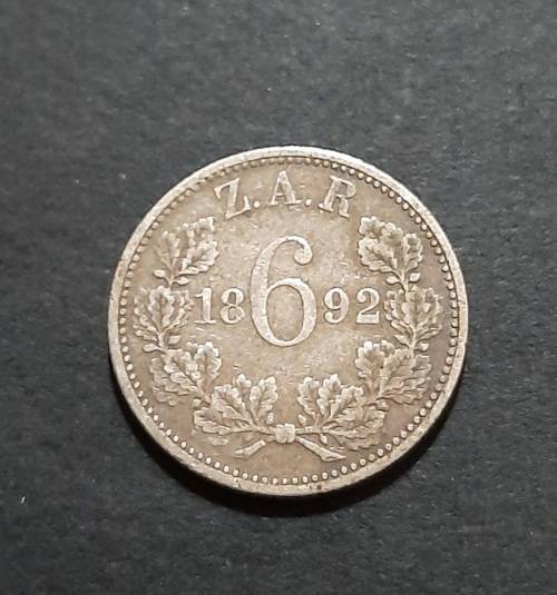 ** 1892 Z.A.R. Silver Kruger 6 Pence Coin (VF / F) .**