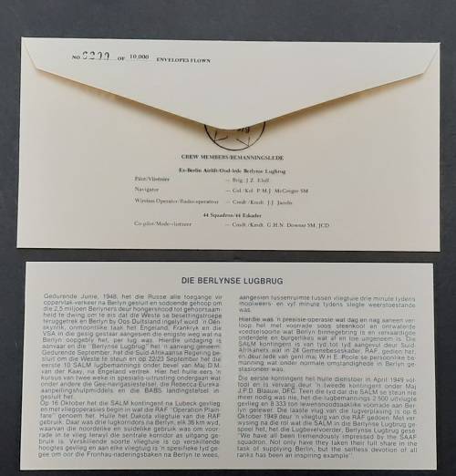 ** 30th Anniversary Berlin Airlift : South African Air Force FDC w/ Insert (6299 of 10 000).**