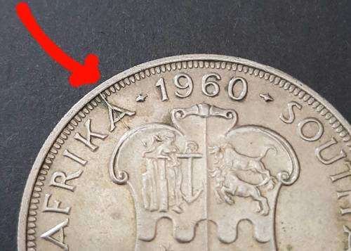 ** ERROR COIN CRACKED DIE : 1960 South African Union Silver 5 Shilling (XF).**