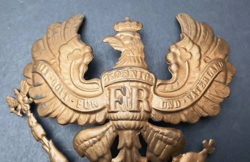 WW1 1915 Ersatz Gilded Prussian Infantry Officer's Pickelhaube Helmet Plate