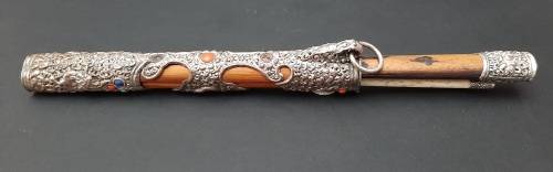 19th century Chinese Manchu trousse knife set with turquoise and jasper stone inlay (27cm)