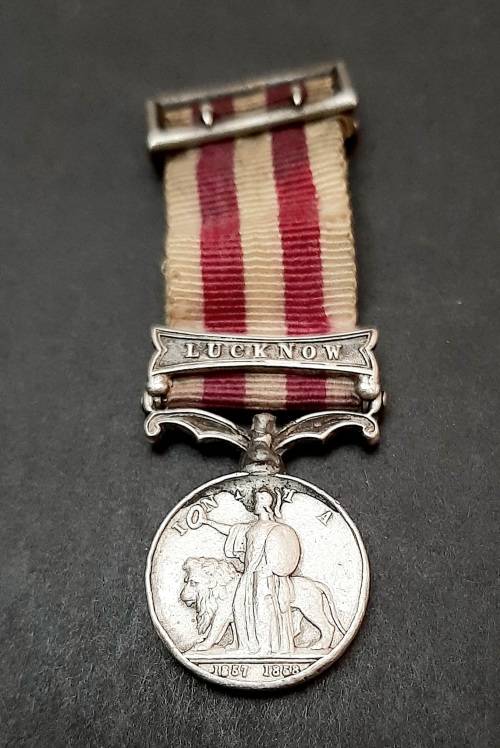 1858 Indian Mutiny Miniature Medal with Lucknow Clasp and Silk Ribbon