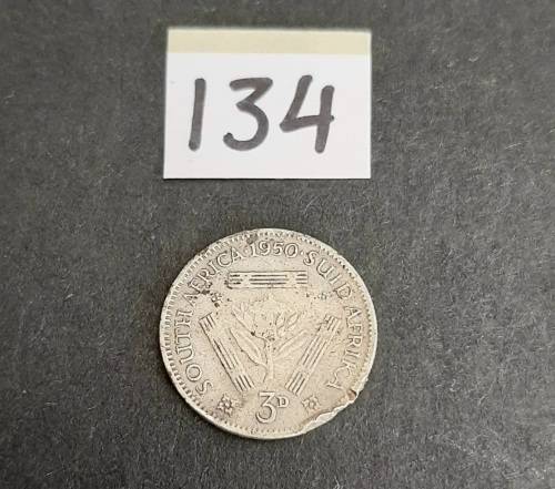 ** 1950 KGVI South Africa 3d  .800 Silver  Coin (F).**