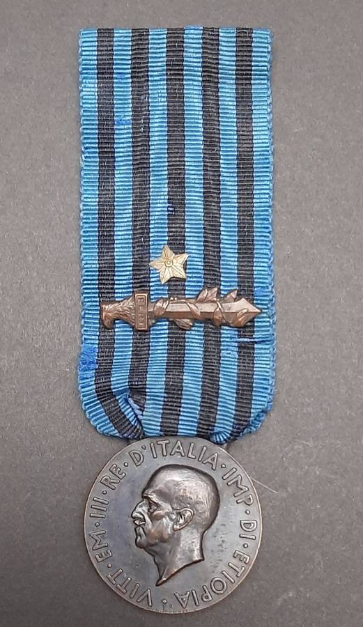 **RARE: 1936 Italian Africa Orientale Fascist Medal w/ Ribbon Devices (Combat & Valour)**