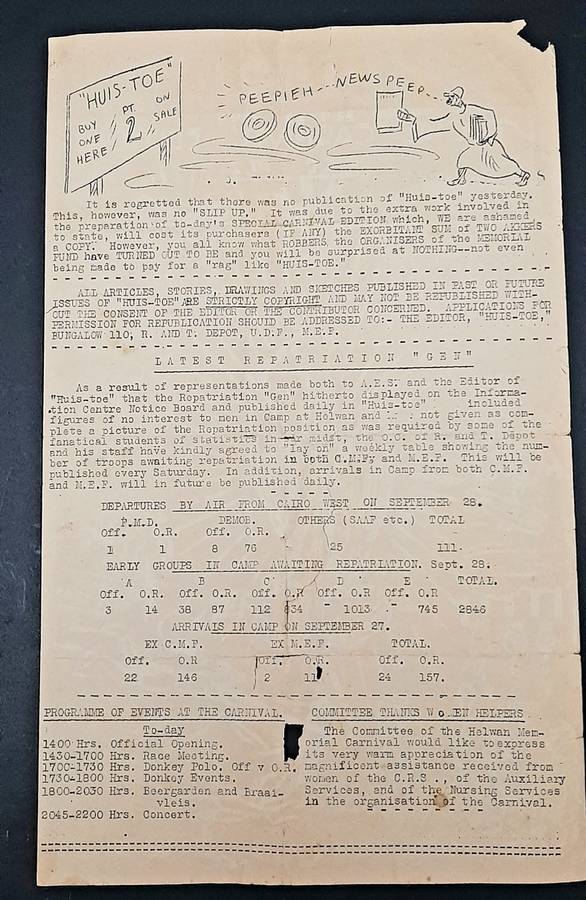 **RARE: WW2 South African `Huis Toe` Demob. Newsletter D/Sided (Sept. 1945).**