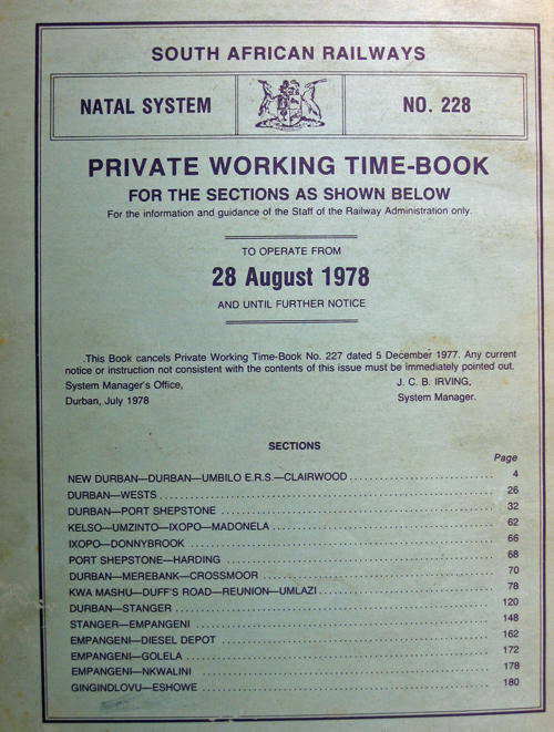 SAR Working Time Book (WTB) - Natal System - No. 228, August 1978