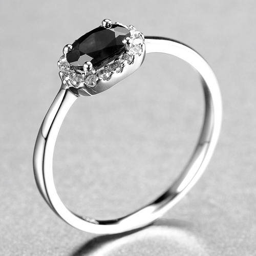 Guaranteed 100% REAL NATURAL, SOLID 14KT WHITE GOLD 0.70CT NATURAL BLACK SAPPHIRE AND DIAMONDS RING