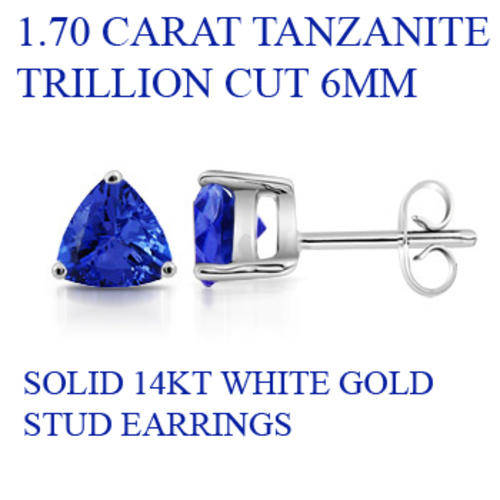 SOLID 14KT WHITE GOLD NATURAL 1.70CT TANZANITE TRILLION 6MM STUD EARRINGS