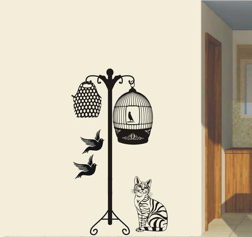 VINYL DECAL CAT AND BIRDCAGE