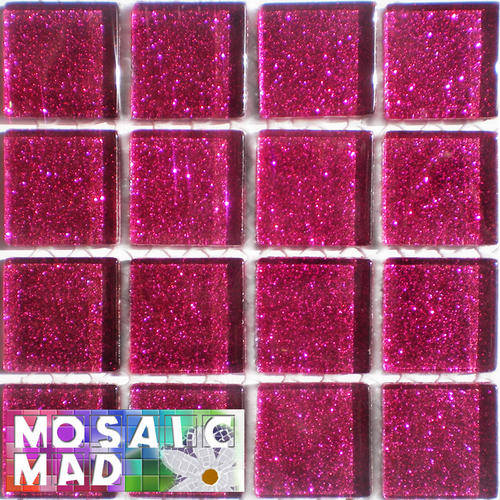 16 Crystal Glass Mosaic Tiles: CERISE GLITTER 25mm x 25mm x 4mm