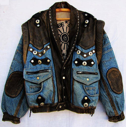 Absolutely Unique! Funky Genuine Leather & Denim Jacket, One of a Kind, M Size 36 & L Size 38