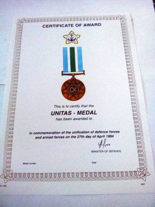 SADF Unitas Medal Blank Certificate ( English) A4 - SIZE (unused and no damage at all)
