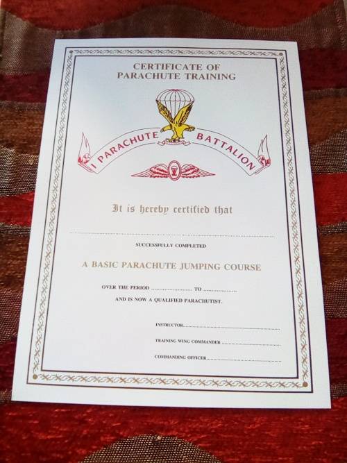 SADF 1 Para Bn Blank Certificate ( English) A4 - SIZE (unused and no damage at all)