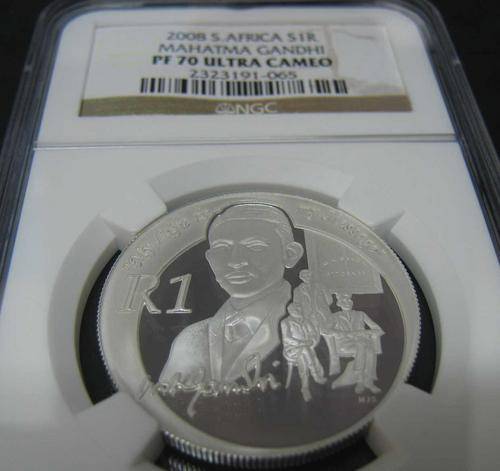 NGC GRADED PF70 ULTRA CAMEO MAHATMA GHANDI SILVER 1 RAND