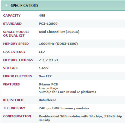 Xtreem LV DDR III 1600 4GB RAM - Specs