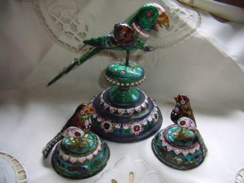 Cloisonne PH Artistic Enamel Sterling Silver Meena Parrot Bird on Tree PLUS  2 Smaller Birds