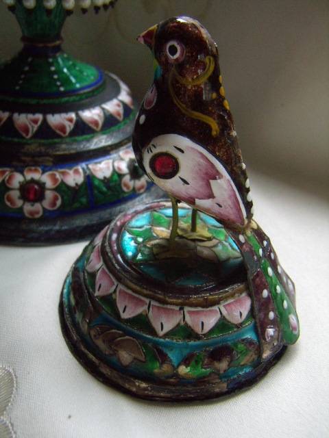 Cloisonne PH Artistic Enamel Sterling Silver Meena Parrot Bird on Tree PLUS  2 Smaller Birds