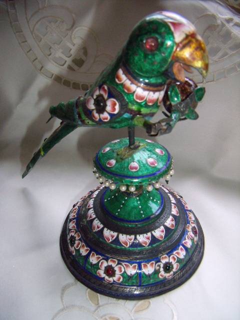 Cloisonne PH Artistic Enamel Sterling Silver Meena Parrot Bird on Tree PLUS  2 Smaller Birds