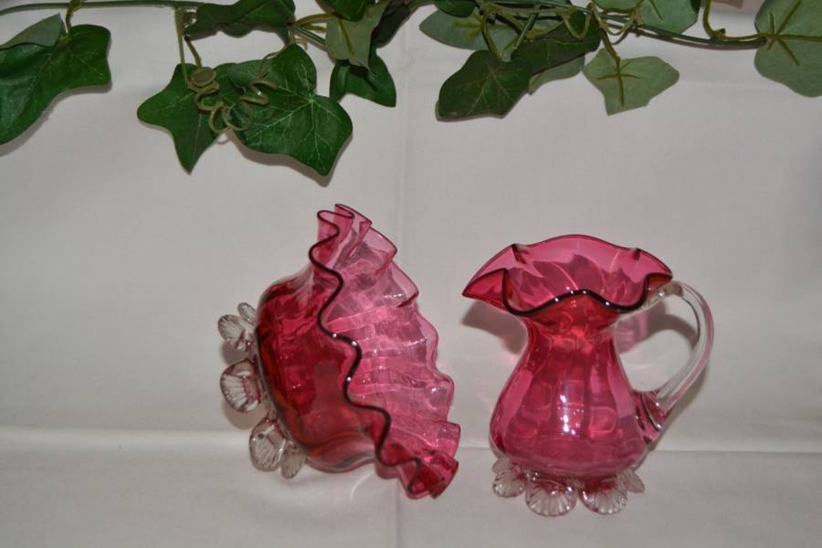 Cranberry hand blown glass jug and bowl