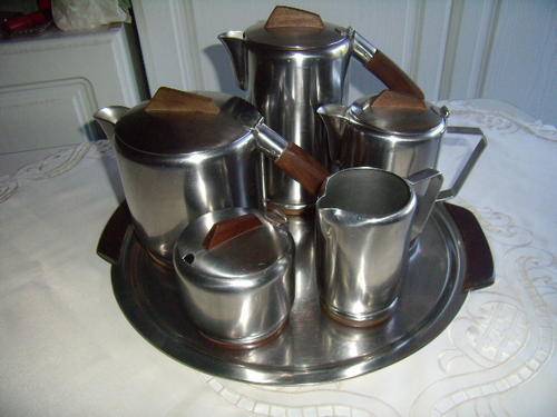 Art Deco Style '50- Full Stainless Steel Wood finish 6 piece Tea Pot, Coffee Pot & Hot Water Pot Set