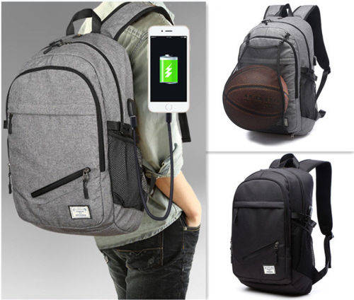 Waterproof Canvas Backpack Laptop Bag With USB Charging and Basketball Net