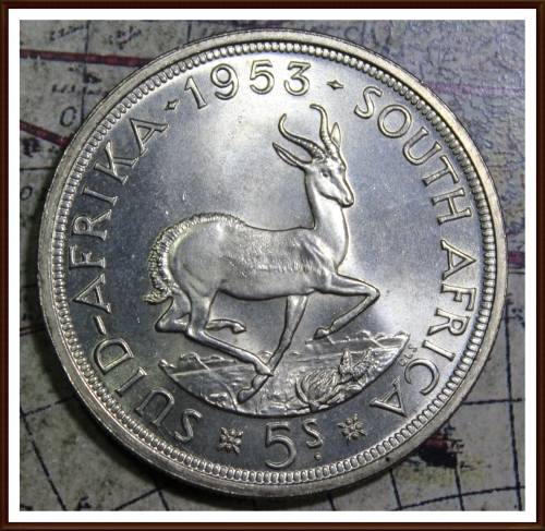 1953 Uni. of S. A. 5 Shillings,  Almost UNC, Judge Condition for Yourself,  asper Photo.