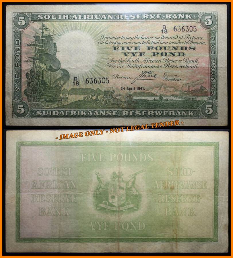 S. A. Bank Note : FIVE POUND - VYF POND - 24 APRIL 1941 -  J POSTMUS  (ONLY ISSUE)..