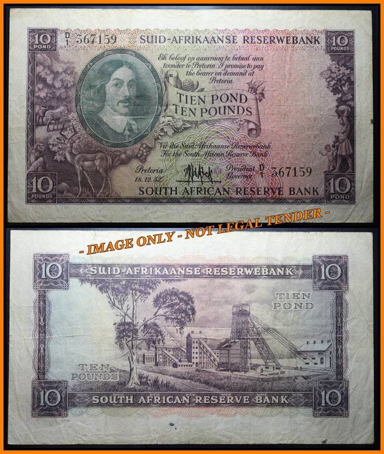1952 : S. A. Bank Note : TIEN POND / TEN POUNDS  : (18 - 12 - 52.) : MH de KOCK : (ONLY ISSUE)