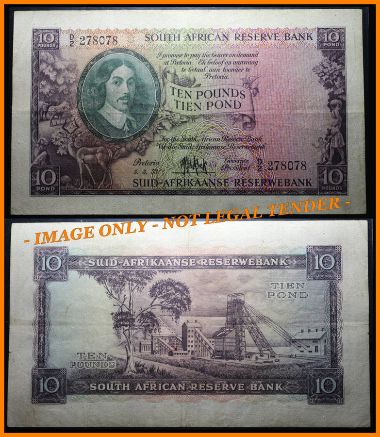 1953 : S. A. Bank Note : TEN POUNDS / TIEN POND  : (5. 3. 52.) : MH de KOCK : (ONLY ISSUE)