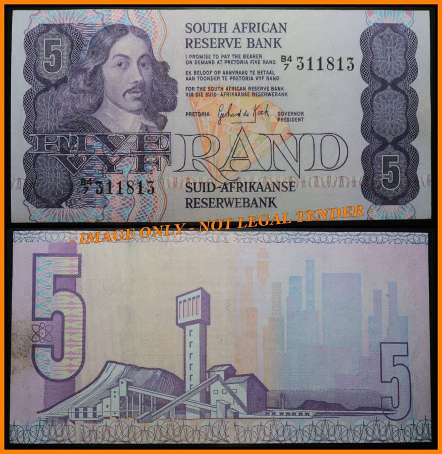 1984 S. A. Bank Note : FIVE RAND / VYF RAND : GPC de KOCK :  (THIRD ISSUE 1984).