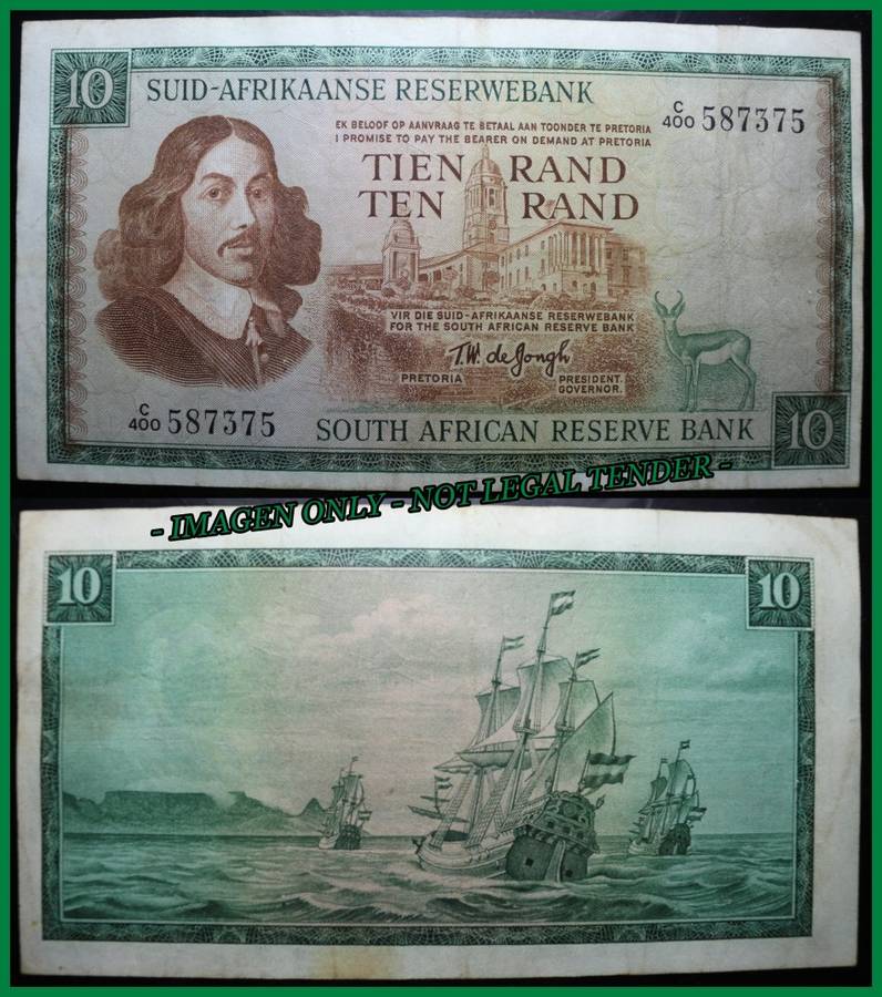 S. A. Bank Note : TIEN RAND - TEN RAND - TW de Jongh -  Circulated Note. as per Photo.