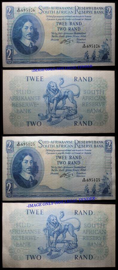 S. A. Bank Note :  TWEE RAND/TWO RAND : RARE  SECUENTIAL NUMBERS 695105/695106 : G. RISSIK .