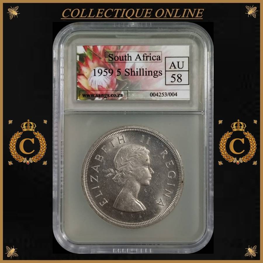 1959 : UNION S. A. : 5 SHILLINGS : COIN IN AU 58 : only minted 6.139 : GRADED by S.A.N.G.S.