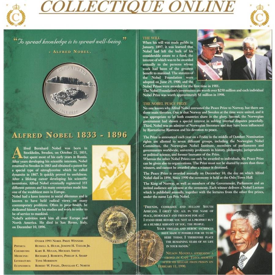 1 TROY OUNCE (STG) Silver Medallion : LAUREATES OF THE NOBEL PEACE PRIZE. DESCRIP. BELOW.