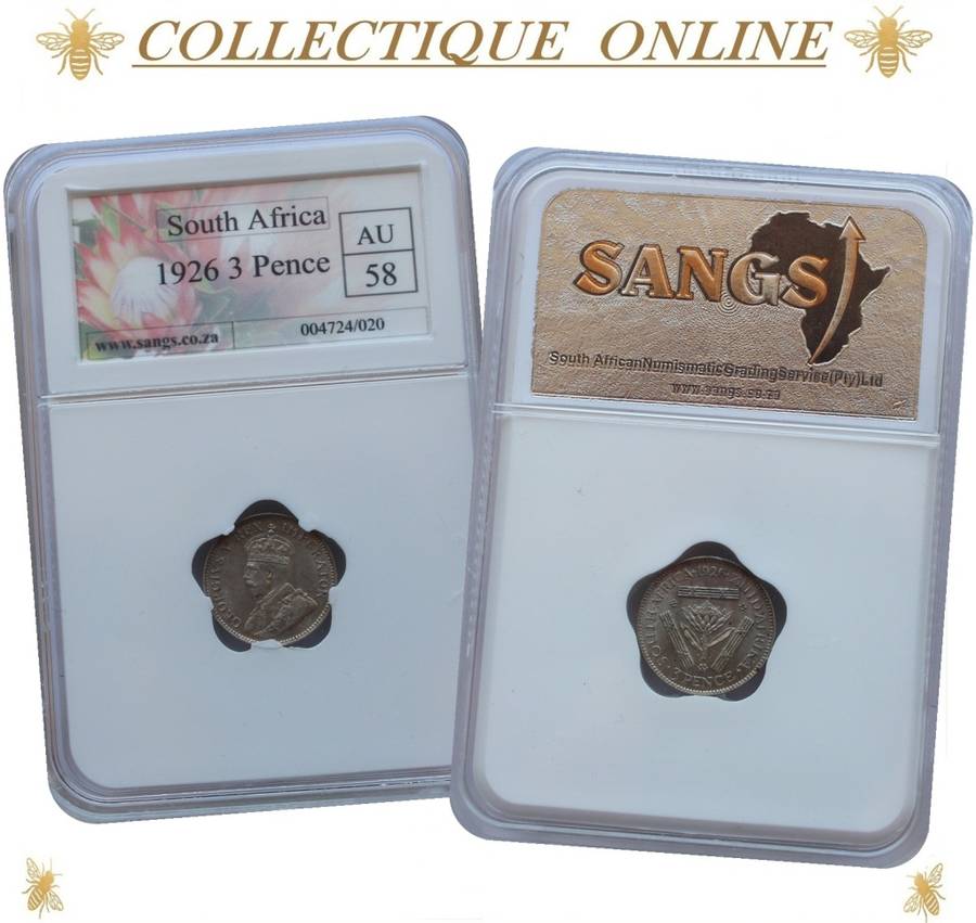 1926 : UNION of S. A. : THREEPENCE :  in AU 58 : GRADED by S.A.N.G.S.  :  Minted 1.572.059