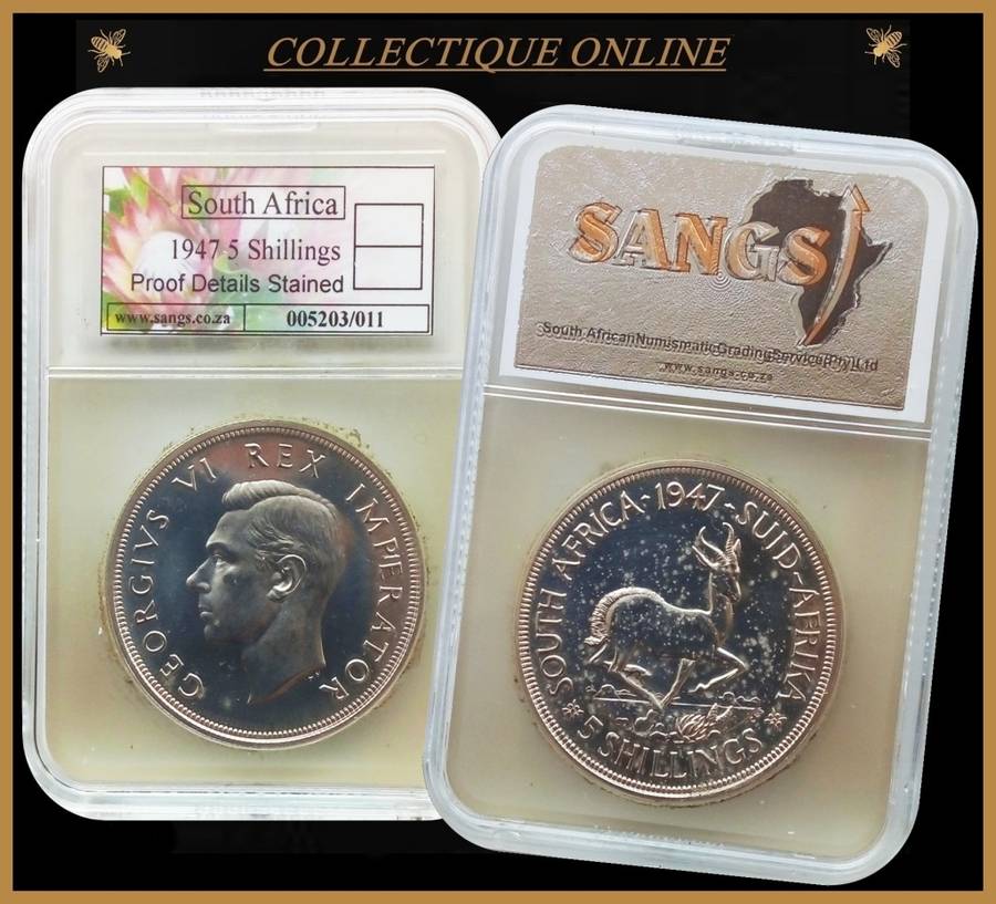 1947 : UNION S. A. : 5 SHILLINGS : COIN IN PROOF DETAILS STAINED : Mint 5600  : GRADED by S.A.N.G.S.