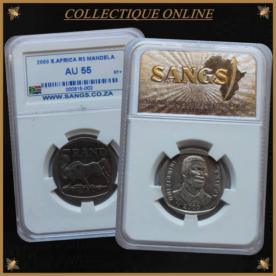 2000 : REP. S. A. : R5 MANDELA :  AU 55 : GRADED by S.A.N.G.S.
