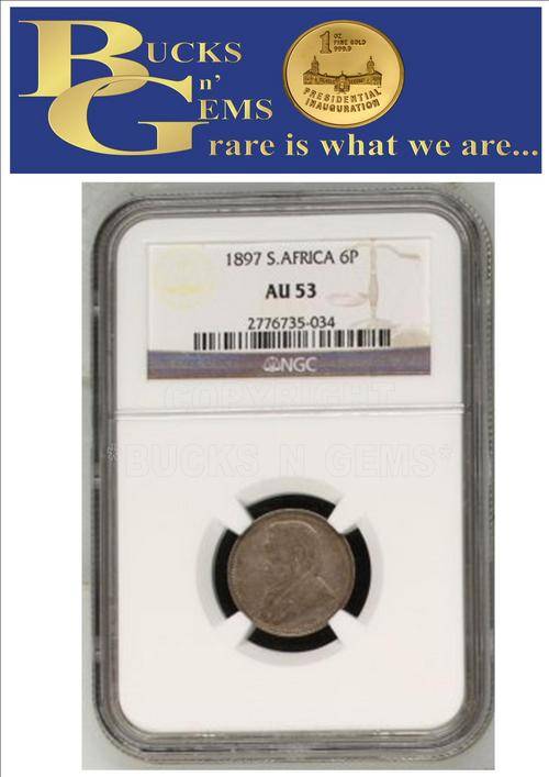 ** AU53 ** 1897 ZAR 6 PENCE ** AU53 **-- NGC GRADED