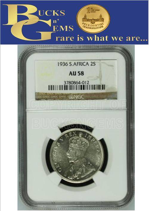 RARE FLORIN IN UNC -- 1936 UNION 2 SHILLING - AU58 - NGC GRADED RARETY HERNS VALUE R7500