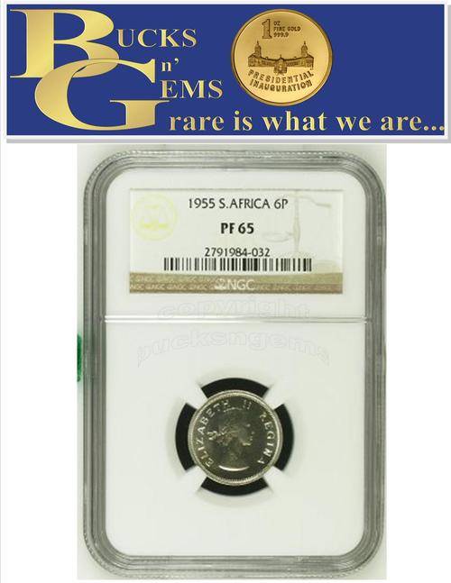 RARE - 1955 UNION 6 PENCE * PF65 * NGC GRADED "2250 MINTED"