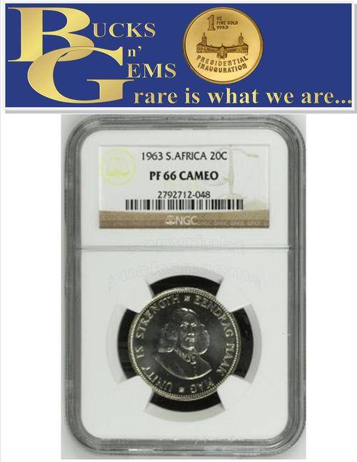 FINEST KNOWN - 1963 RSA 20 CENT ** PF66 CAMEO ** - NGC GRADED HIGHEST GRADE - ONLY 5 EXIST IN CAMEO