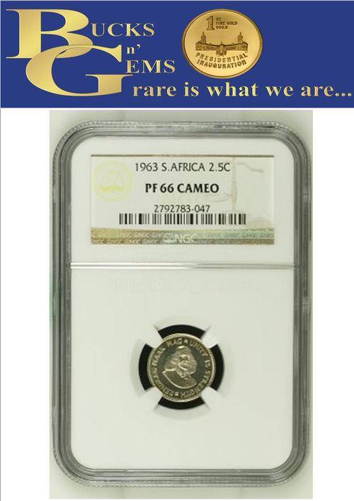 1963 RSA 2.5 CENT ** PF66 CAMEO ** - NGC GRADED 3RD HIGHEST GRADE - ONLY FEW EXIST IN CAMEO