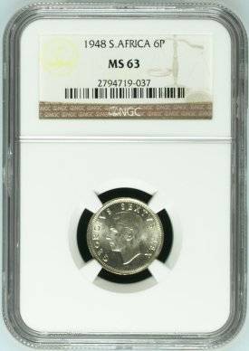 1948 UNION 6 PENCE - MS63 - NGC GRADE - 4TH FINEST - HERNS VALUE R385 - 2.2 MIL. MINTED