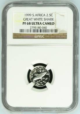 X-RARE - 1999 TICKEY SILVER 2.5 CENT - PF68 ULTRA CAMEO " GREAT WHITE SHARK " NGC GRADE RARE COIN