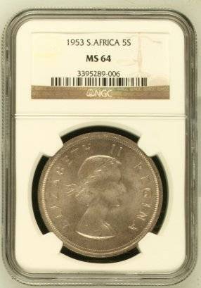 4TH FINEST - 1953 UNION 5 SHILLING ** MS64 **- NGC GRADED ONLY 3 IN MS67