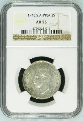 1943 UNION 2 SHILLING  - AU55 - NGC GRADE - HERNS VALUE - R1000 IN UNC / MS