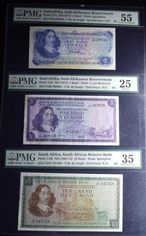 SET OF TW DE JONG GRADED NOTES - 3 PIECE R10+R5+R2 IN A 1 SLAB - PMG CERTIFIED - AU55 - VF25 & VF35