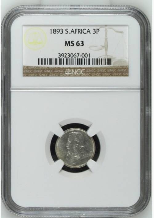 3rd FINEST -1893 ZAR 3 PENCE - MS63 - NGC GRADE - HERNS VALUE IN UNC IS R35,000 - GRAB A BARGAIN