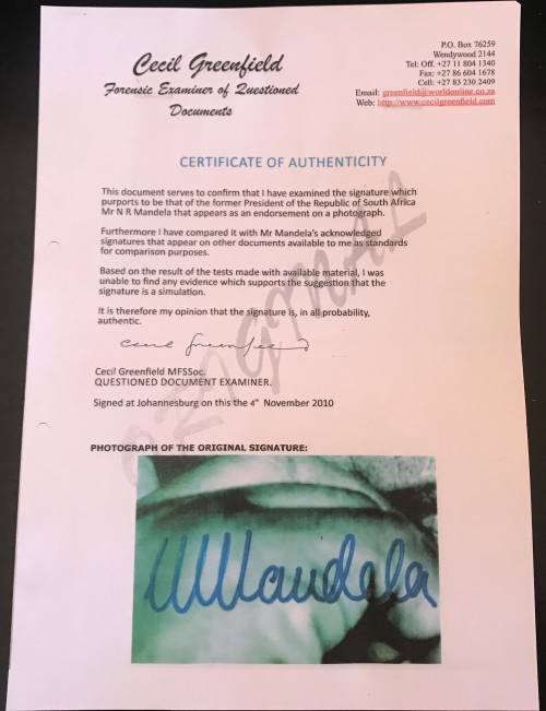 SIGNED - MANDELA PHOTOGRAPH SIGNED IN INK + CERTIFICATE BY CECIL GREENFIELDS INCLUDED + R5 COIN SET