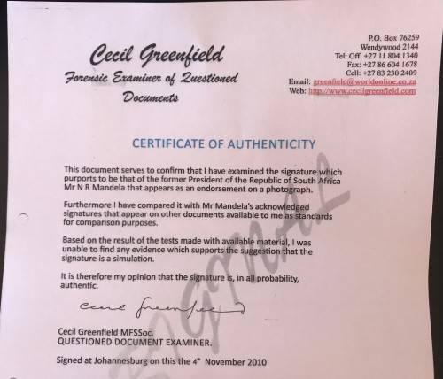 SIGNED - MANDELA PHOTOGRAPH SIGNED IN INK + CERTIFICATE BY CECIL GREENFIELDS INCLUDED + R5 COIN SET